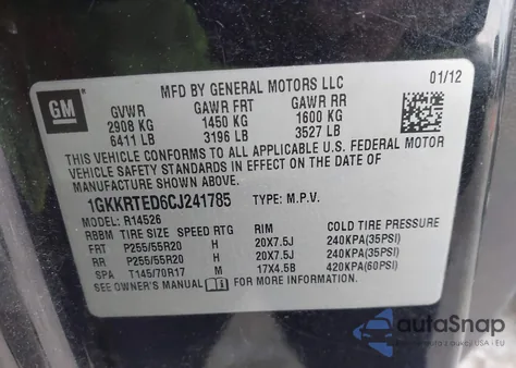 2012 GMC Acadia Denali from USA, damaged, VIN 1GKKRTED6CJ241785